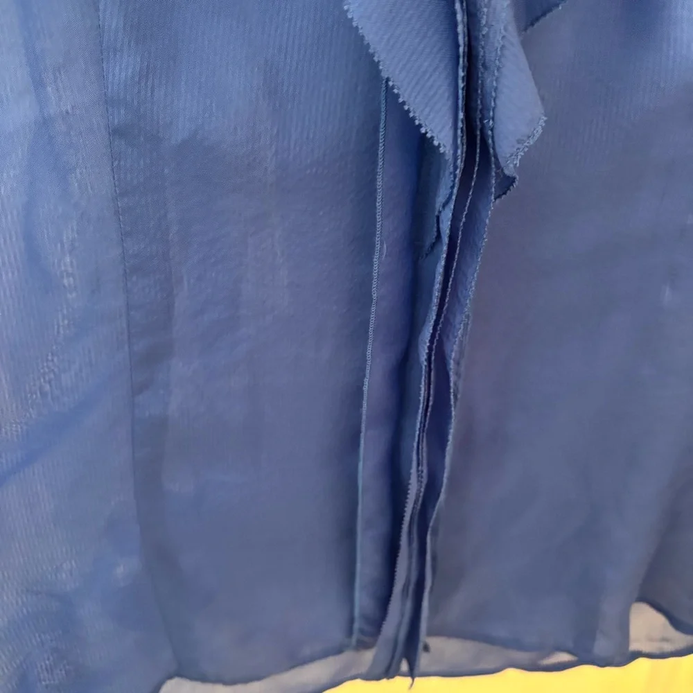BCBGMaxAzria Silk Royal Cobalt Blue Sheer Blouse size M Ruffles - Picture 6 of 9